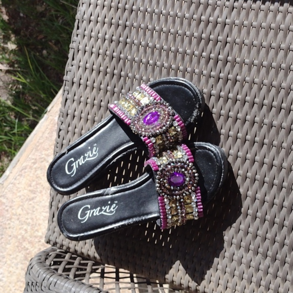 Grazie purple and gold rhinestone covered wedge sandals